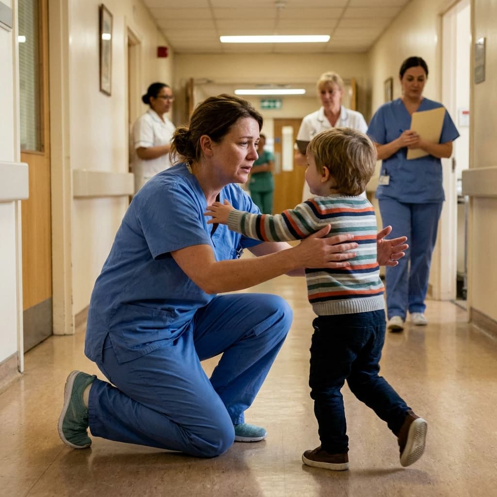 A child running into a nurse's arms in a hospital hallway