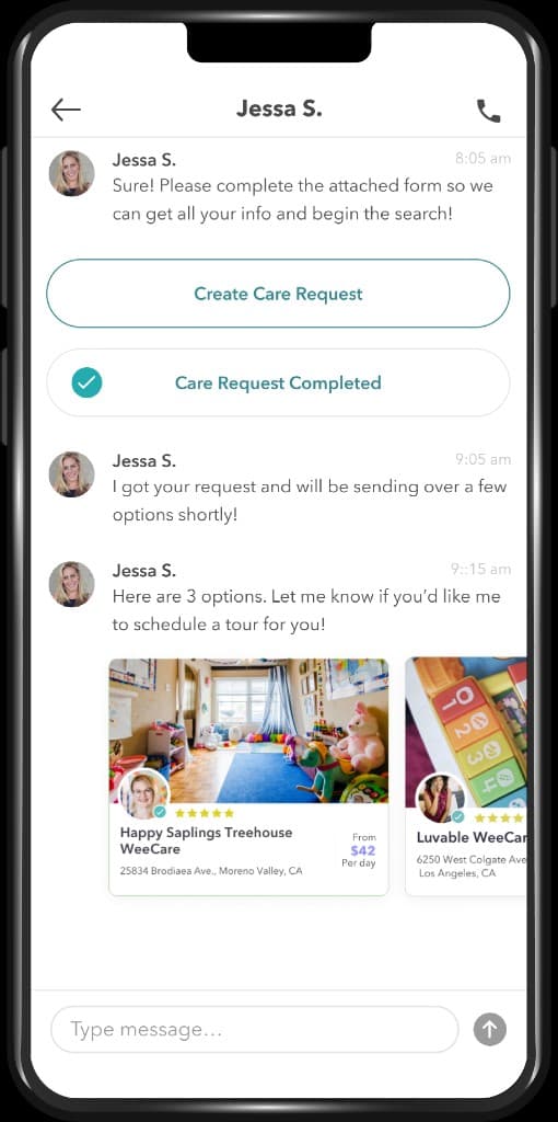 Upwards app — care request chat