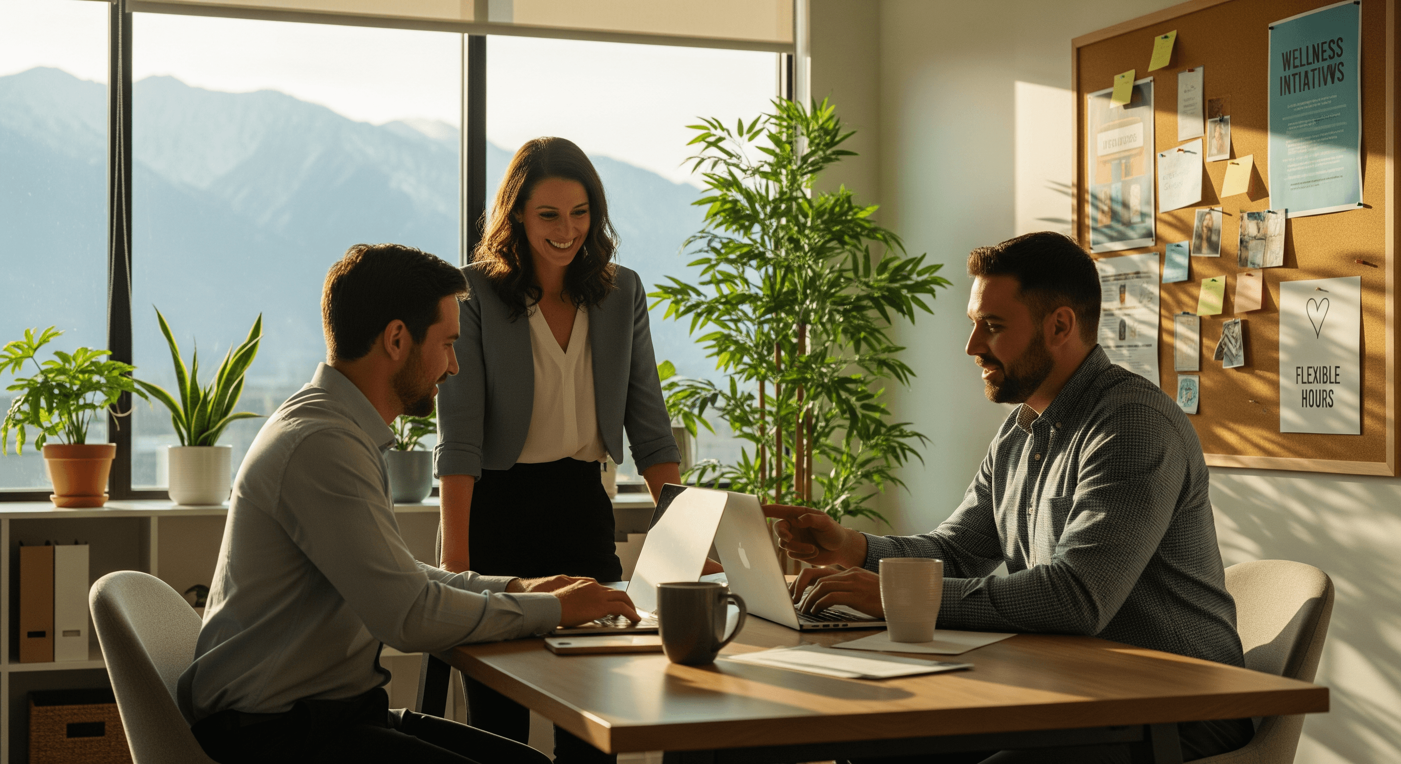 Utah small business team discussing employee child care benefits in a bright office